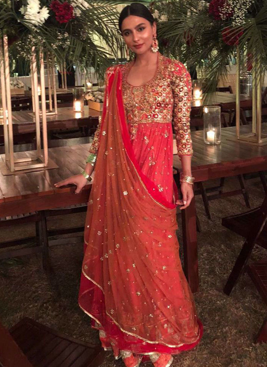 Yasmeen Hashmi In a Candy Pink Kalidaar with Burnt Orange, Magenta and Gold Accents