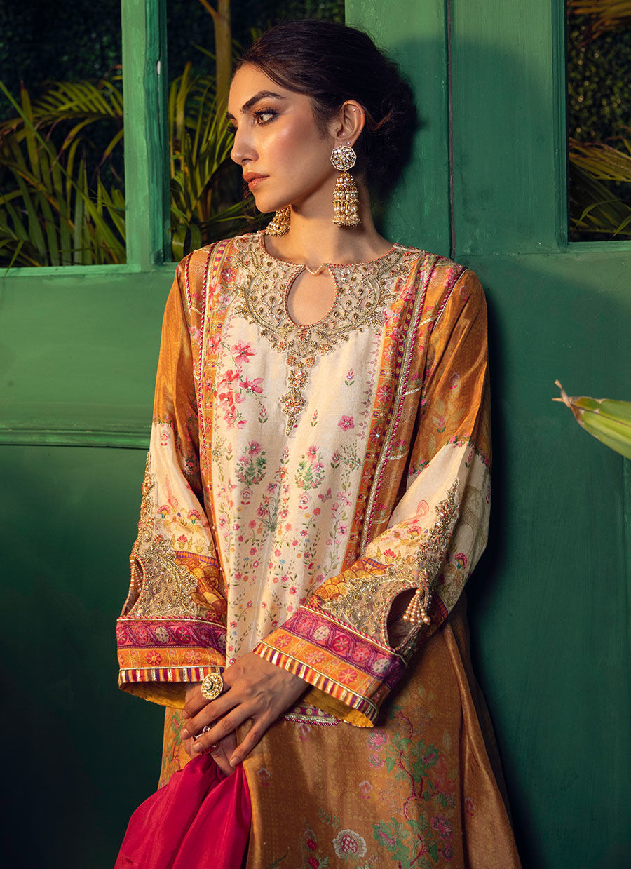 ROSHAN PRINTED RAW SILK KURTA WITH SILK OMBRE DUPATTA