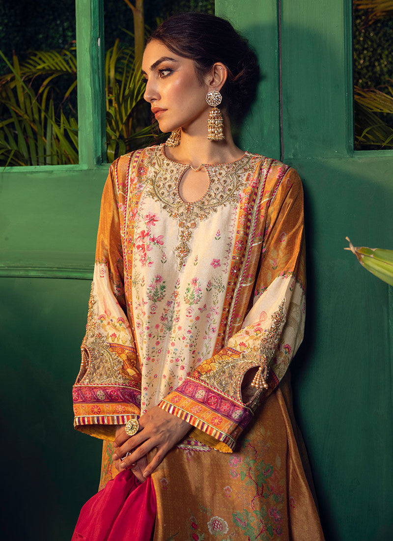 ROSHAN PRINTED RAW SILK KURTA WITH SILK OMBRE DUPATTA