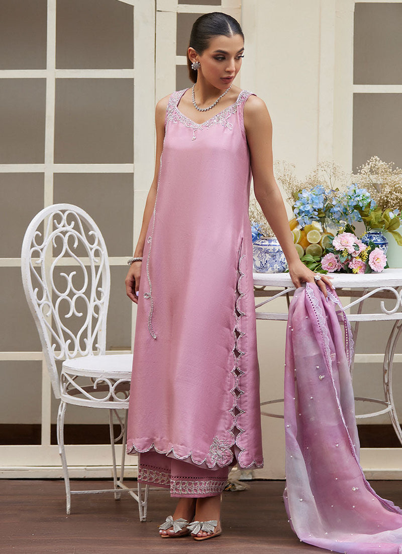 Ninel Lilac Embellished Raw Silk Shirt With Printed Organza Dupatta