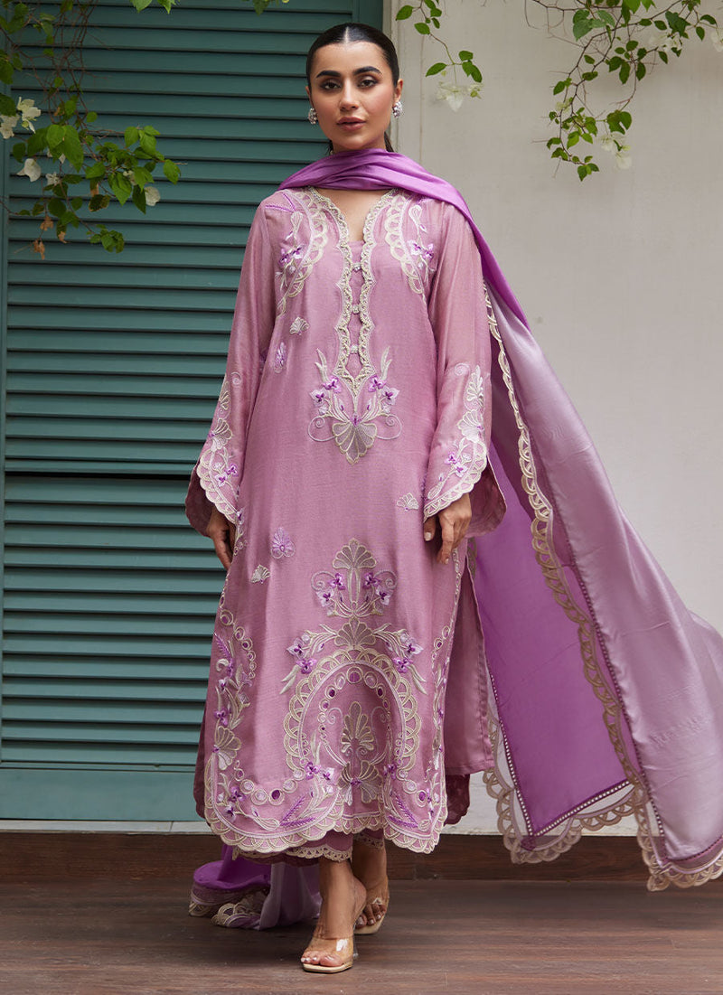 Ivan Mauve Embroidered Cotton Net Shirt With Medium Silk Dupatta