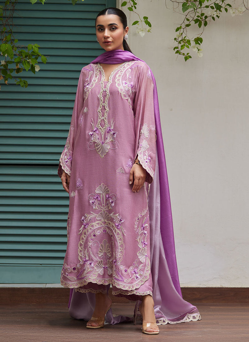 Ivan Mauve Embroidered Cotton Net Shirt With Medium Silk Dupatta