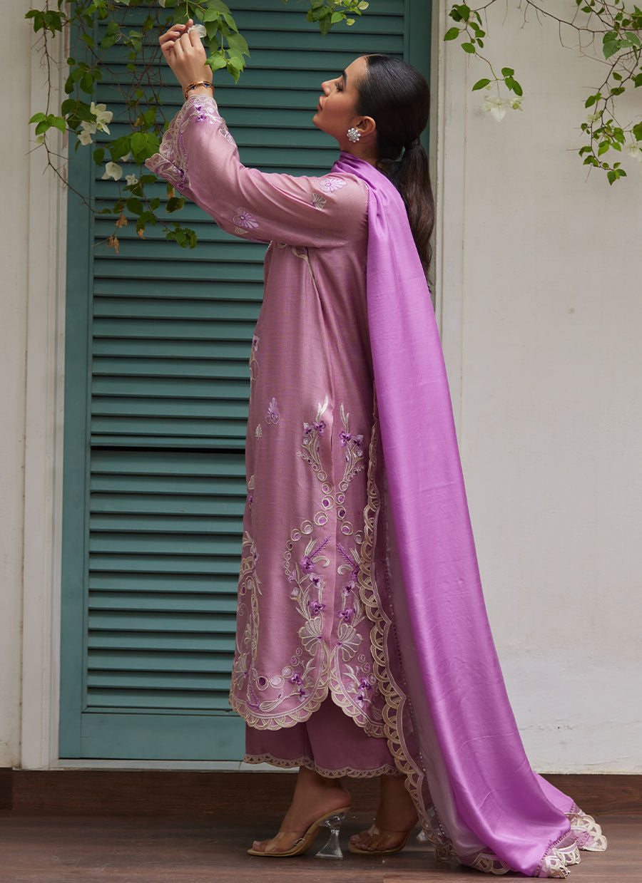 Ivan Mauve Embroidered Cotton Net Shirt With Medium Silk Dupatta