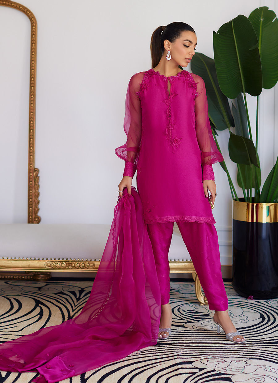 Elio Hot Pink Raw Silk Shirt With Dupatta - Shalwar Only