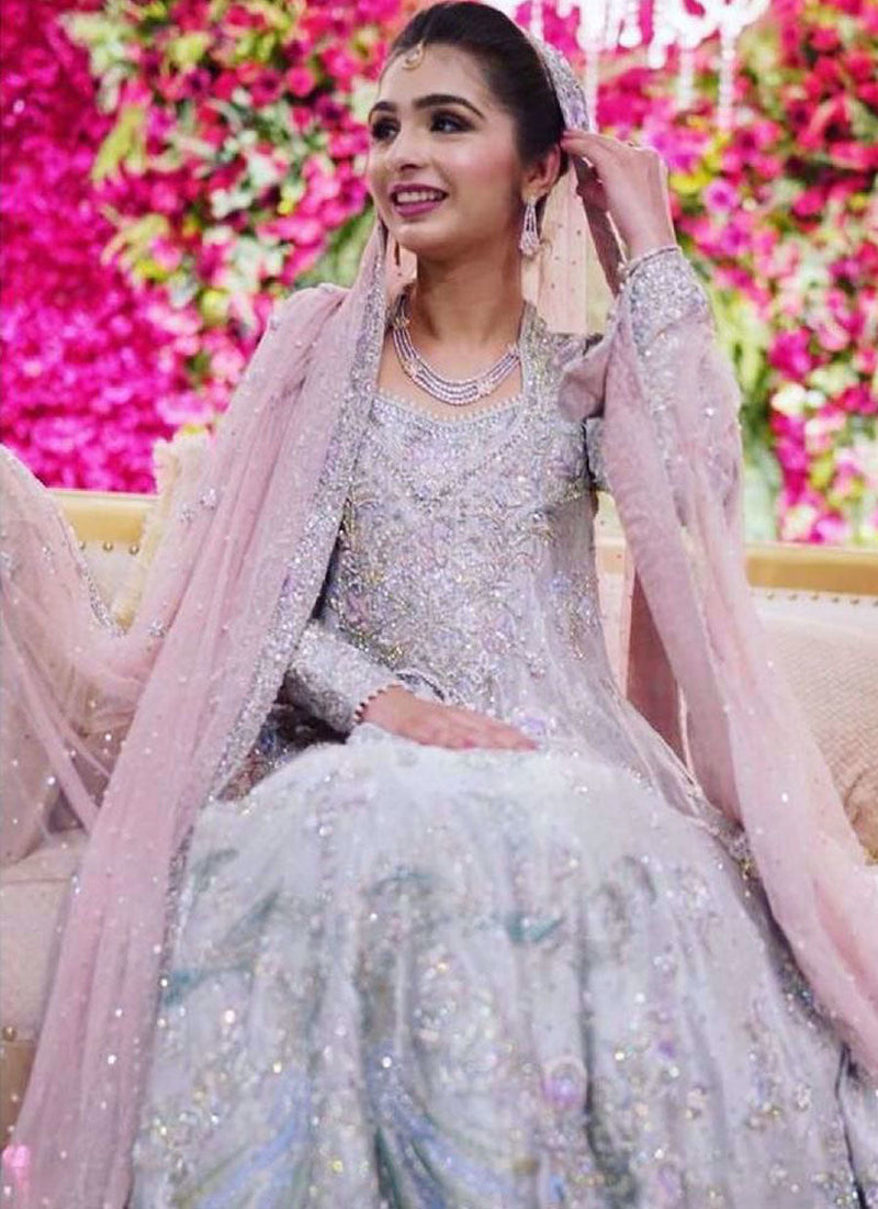 Saneela Arsal absolutely beautiful on her wedding in a silver kalidaar embellished with Swarovski crystals