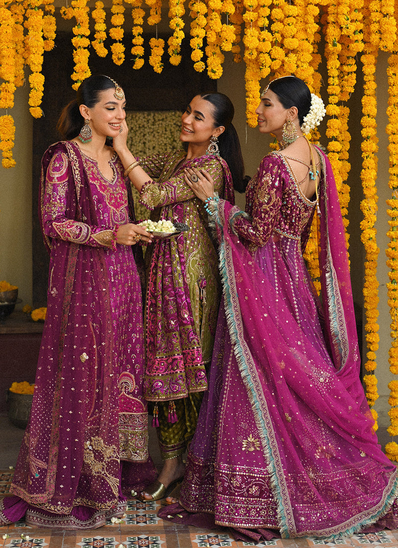 Alira Mehndi green kurta and shalwar with embellished block print dupatta