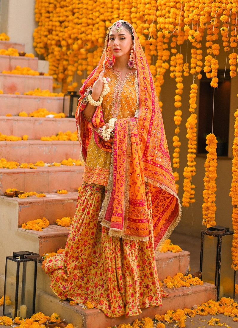 Losalie saffaron embellished shirt block print gharara and dupatta