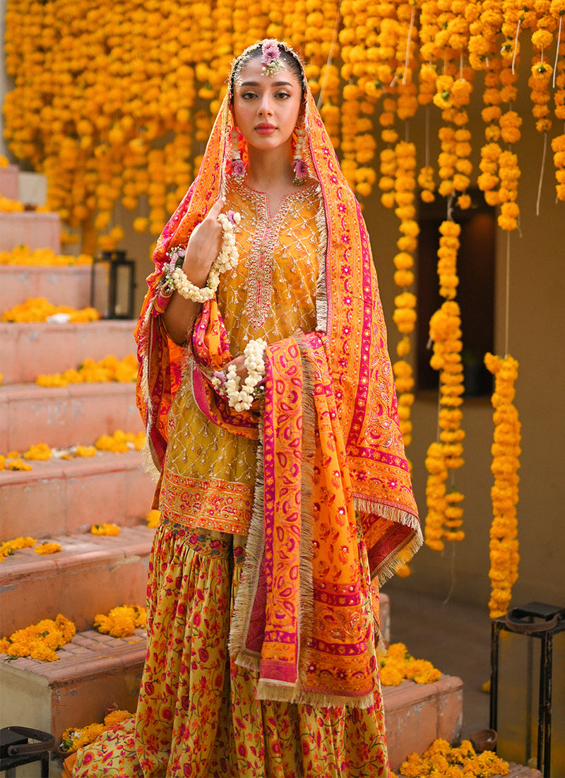 Losalie saffaron embellished shirt block print gharara and dupatta