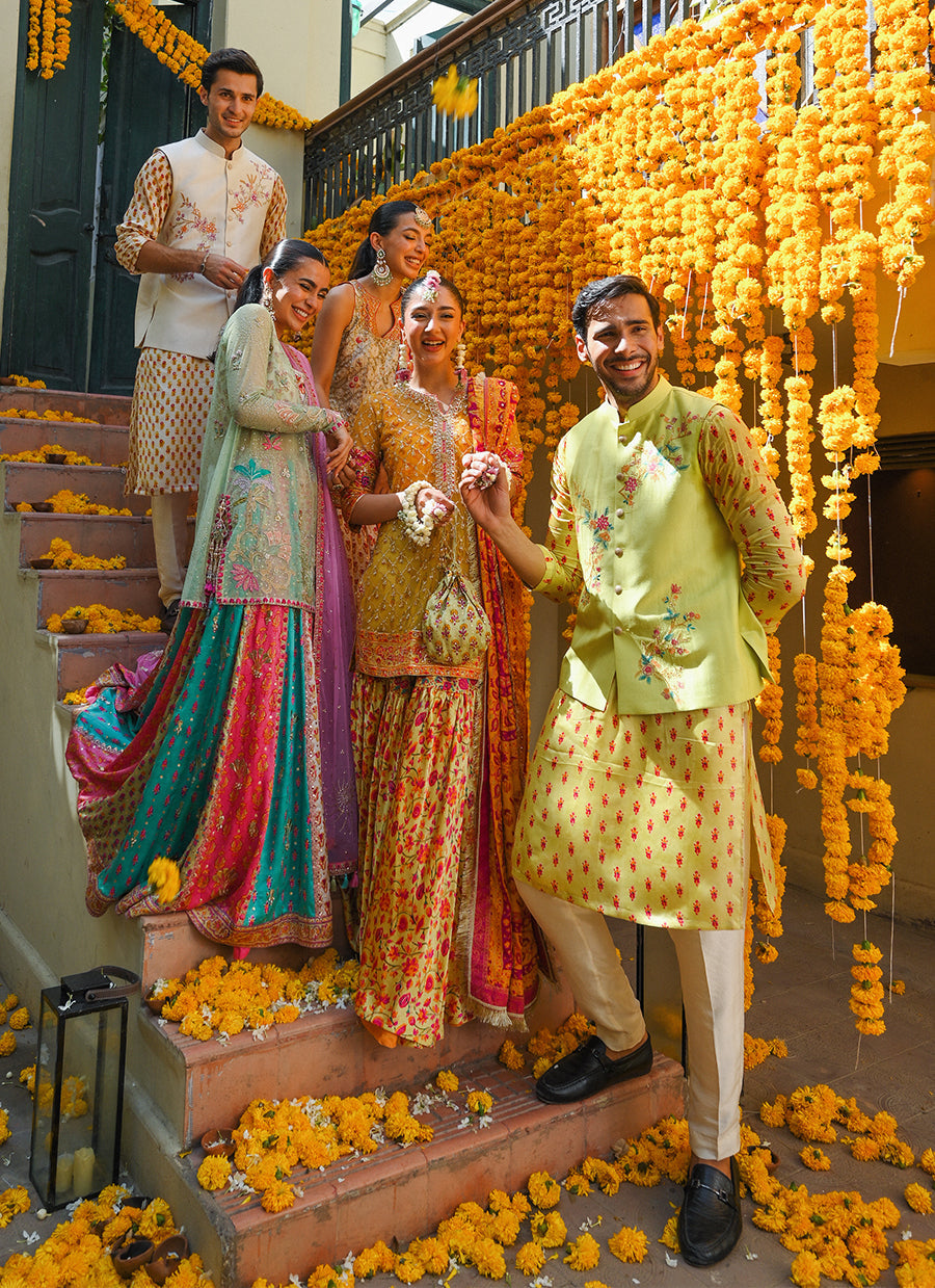 Losalie saffaron embellished shirt block print gharara and dupatta