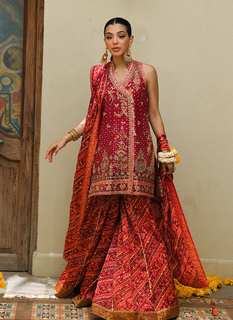 Primrose crimson angharkha, embellished do-paincha dhakha and block print dupatta