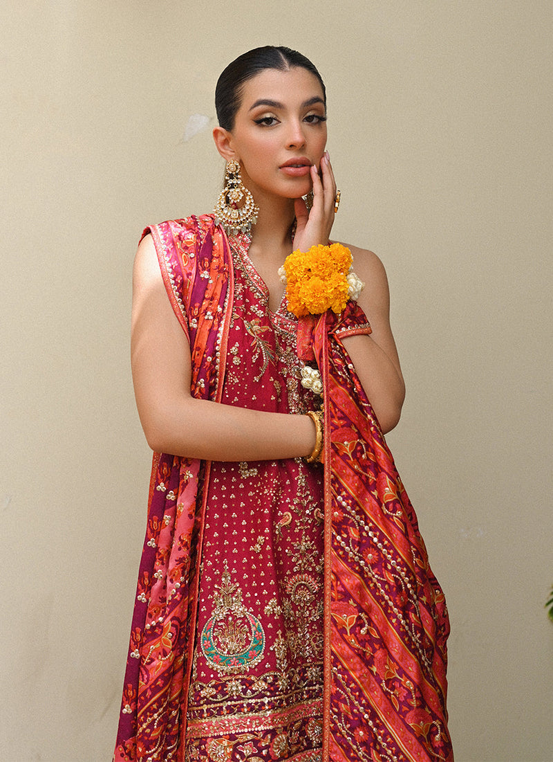 Primrose crimson angharkha, embellished do-paincha dhakha and block print dupatta