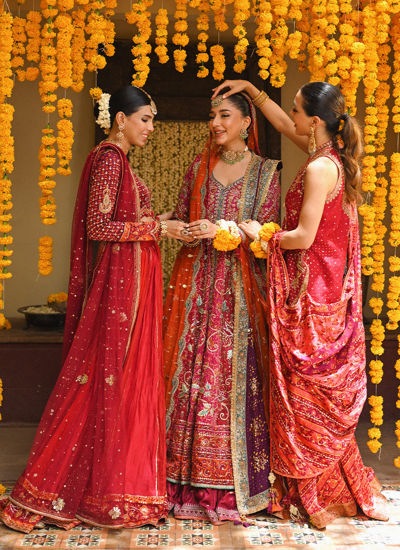 Primrose crimson angharkha, embellished do-paincha dhakha and block print dupatta