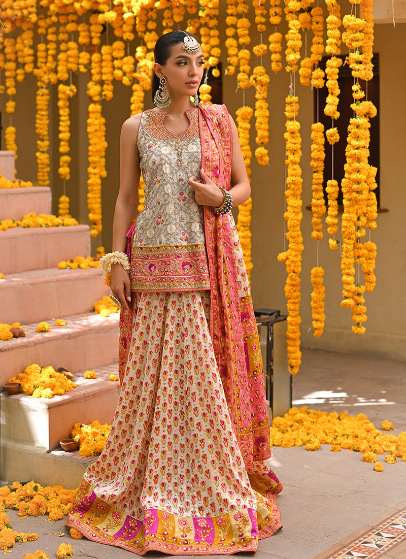 Marilla ivory short shirt with lengha and block printed dupatta