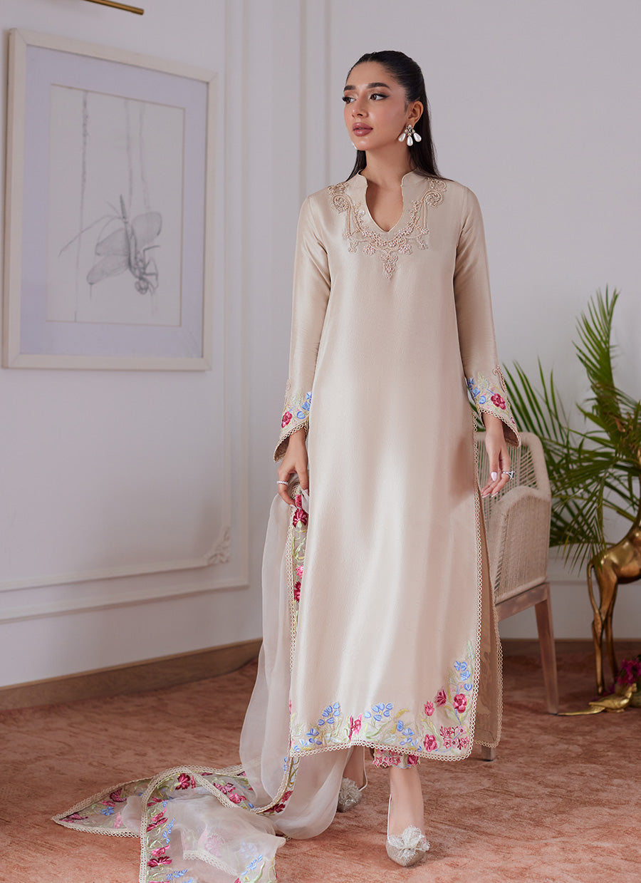 Liara Sand Embroidered Raw Silk Shirt And Dupatta