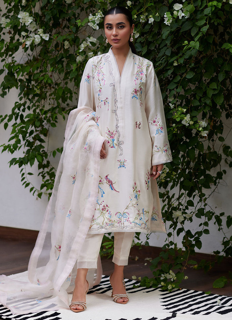 Vasily Ivory Embroidered Raw Silk Shirt with Dupatta