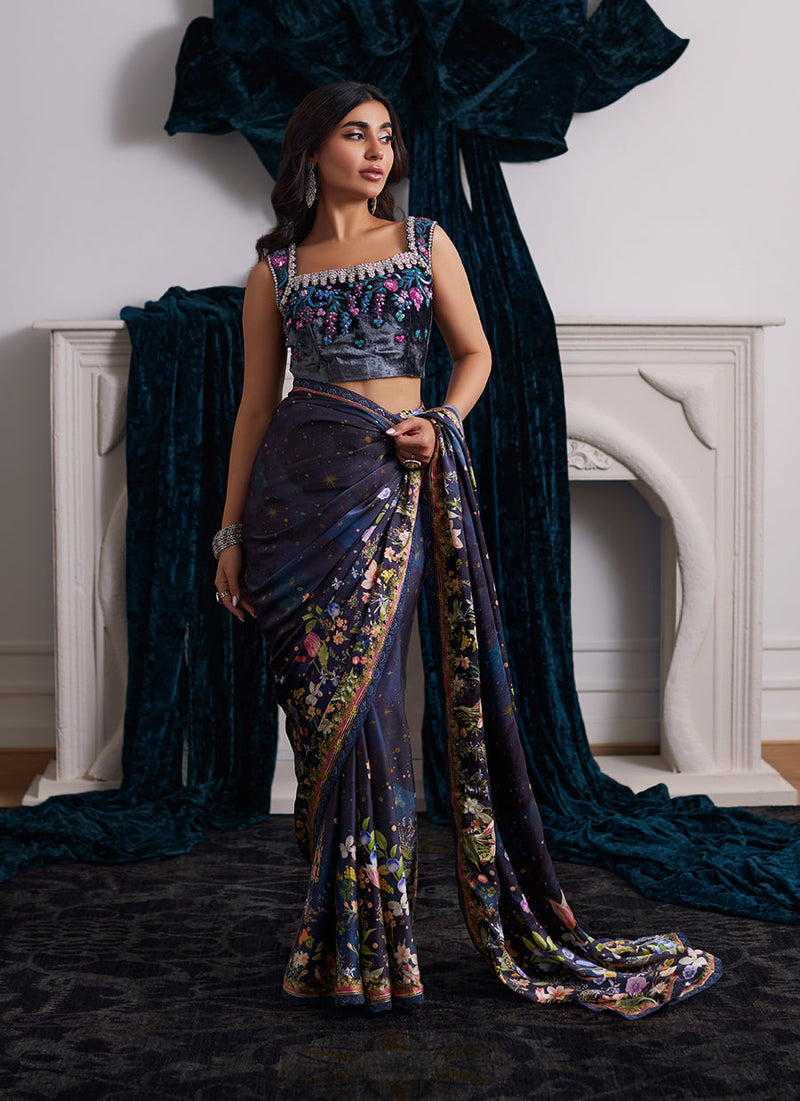 Alixia Charmeuse Saree With Velvet Blouse