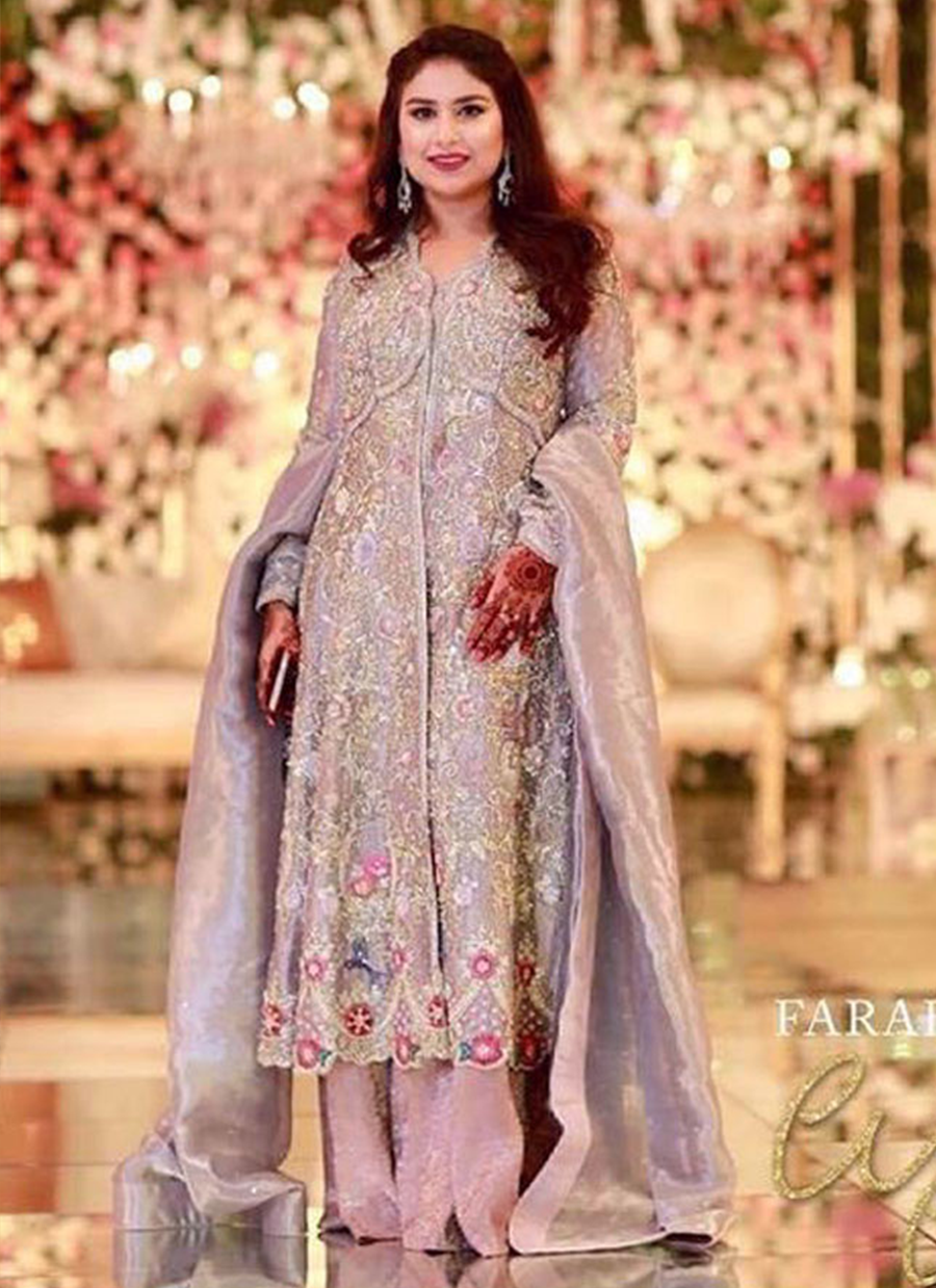 Silver-blue complemented by lavender tissue featuring shades of purple thread work