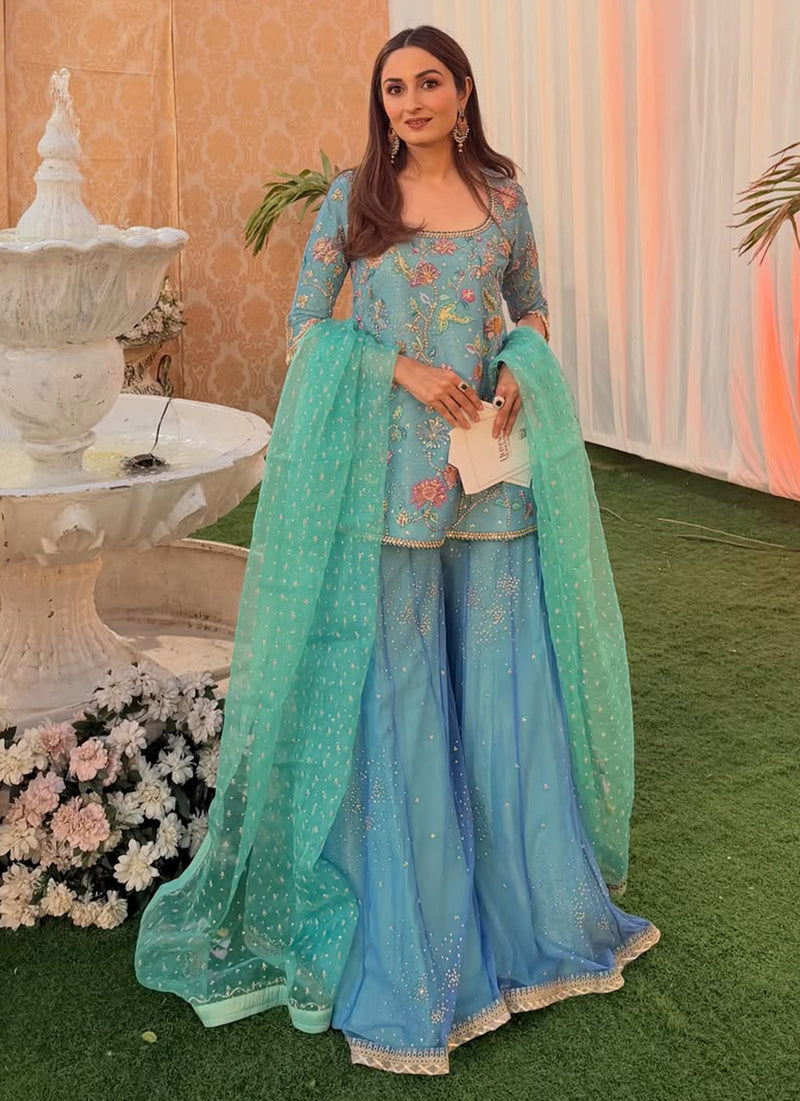 Sana Aftab Lakhani in Ezlyn French Blue Short Shirt And Dhaka